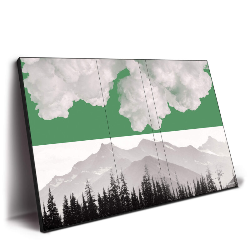 A surreal mountain landscape with a green-tinted sky, filled with striking clouds, evoking intensity and drama.