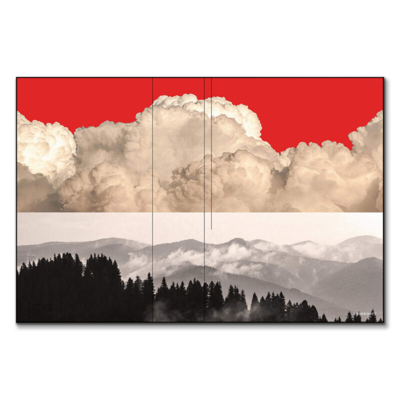 A surreal mountain landscape with a red-tinted sky, filled with striking clouds, evoking intensity and drama.