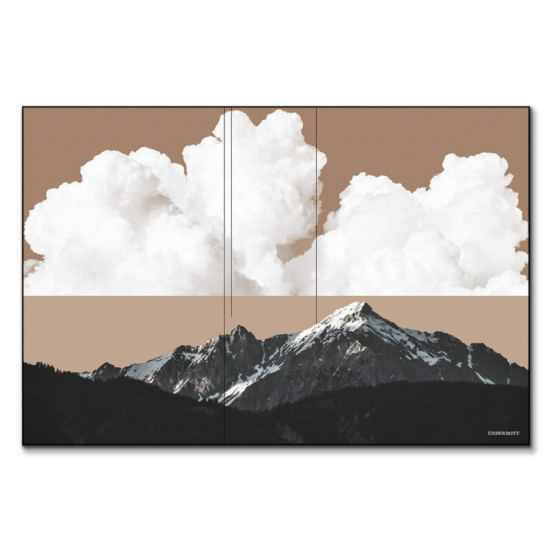 Mountain landscape with a soft tan sky, white clouds, and dark forested peaks, creating a peaceful yet dramatic natural scene.