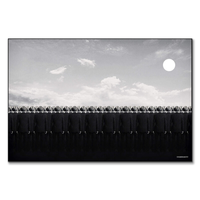 Surreal men in black suits standing in uniform against a white sky with a large moon, evoking a sense of mystery and eerie symmetry.