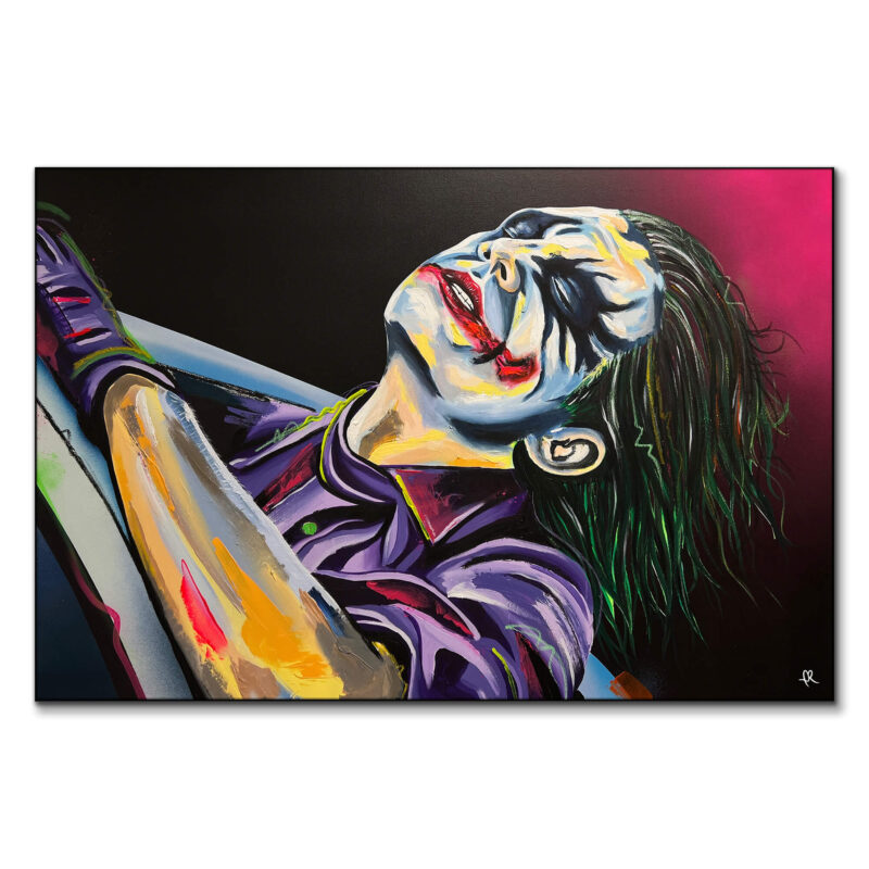 Joker pop art portrait with vibrant colors depicting a chaotic, expressive image of the character.