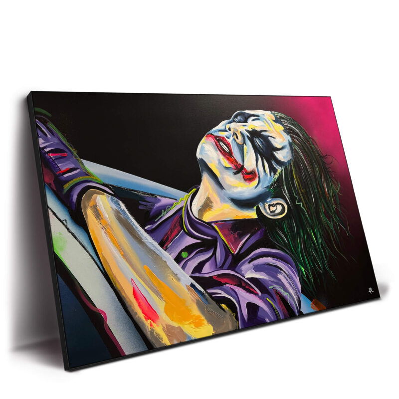 Joker pop art portrait with vibrant colors depicting a chaotic, expressive image of the character.