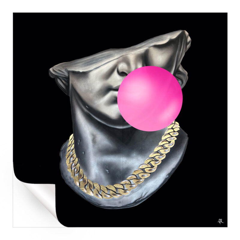 Statue of David with a pink bubblegum bubble and gold chain, pop art style.