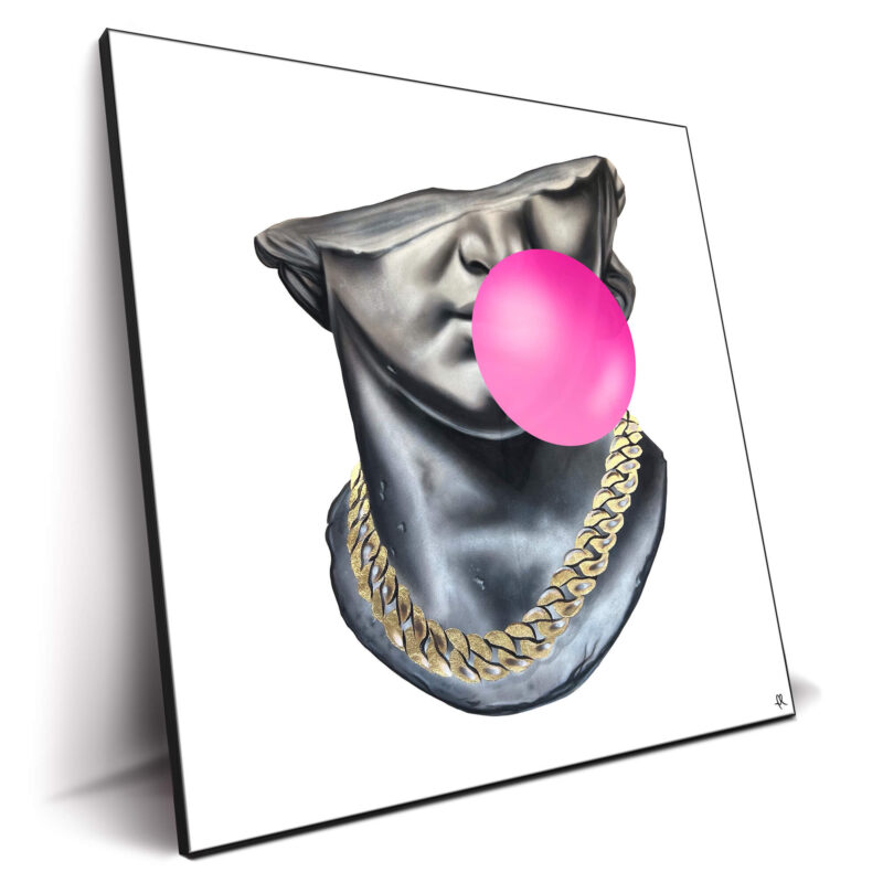 Statue of David with a pink bubblegum bubble and gold chain, pop art style.