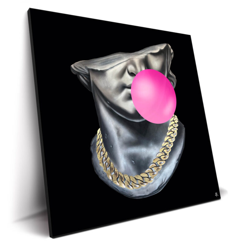 Statue of David with a pink bubblegum bubble and gold chain, pop art style.