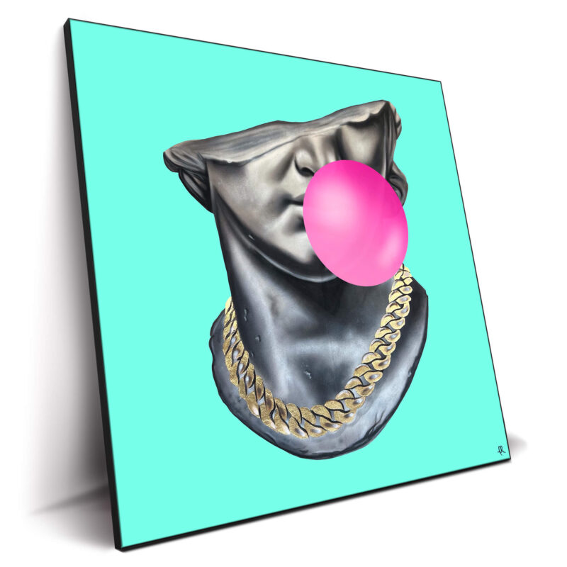 Teal Statue of David with a pink bubblegum bubble and gold chain, pop art style.