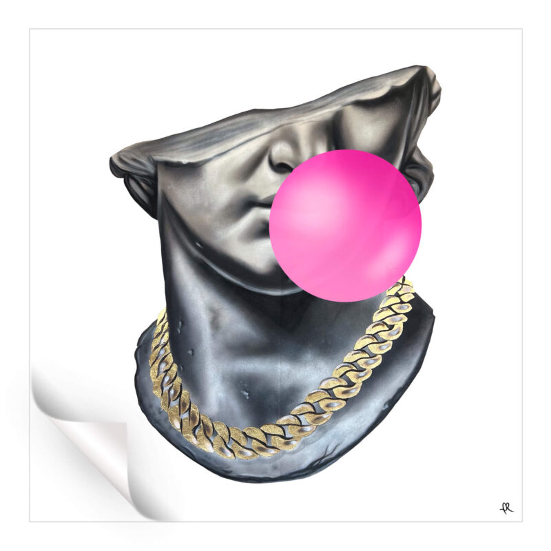 Statue of David with a pink bubblegum bubble and gold chain, pop art style.