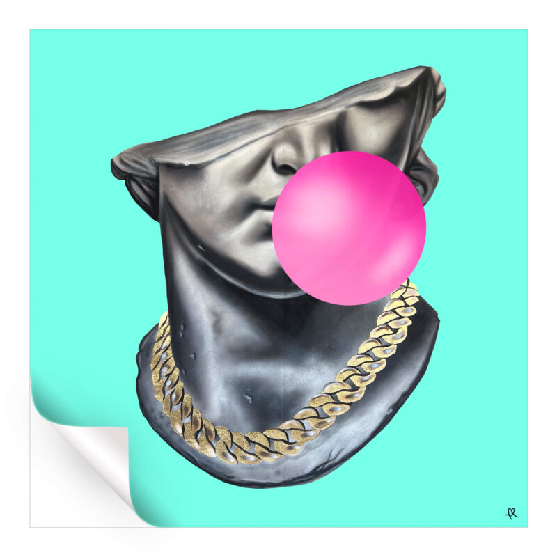 Teal Statue of David with a pink bubblegum bubble and gold chain, pop art style.