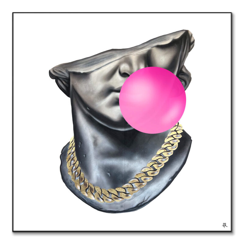 Statue of David with a pink bubblegum bubble and gold chain, pop art style.