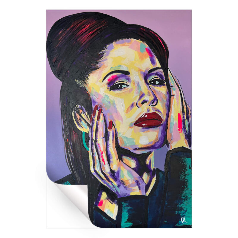 Vibrant pop art portrait of Selena Quintanilla with colorful brushstrokes emphasizing her beauty and legacy. A bold, colorful portrait of a woman with red lips and expressive eyes, painted in an abstract style with vibrant hues of purple, blue, pink, and yellow. The artwork has a textured, brushstroke finish, and the bottom corner peels back to reveal its Stickablez peel-and-stick format.