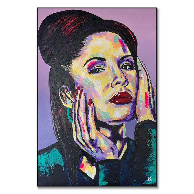 Vibrant pop art portrait of Selena Quintanilla with colorful brushstrokes emphasizing her beauty and legacy.