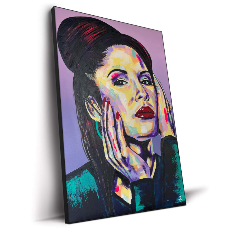 Vibrant pop art portrait of Selena Quintanilla with colorful brushstrokes emphasizing her beauty and legacy.