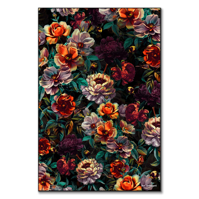Moody floral artwork featuring rich orange, burgundy, and cream-colored blooms intertwined with deep green foliage against a dark background.