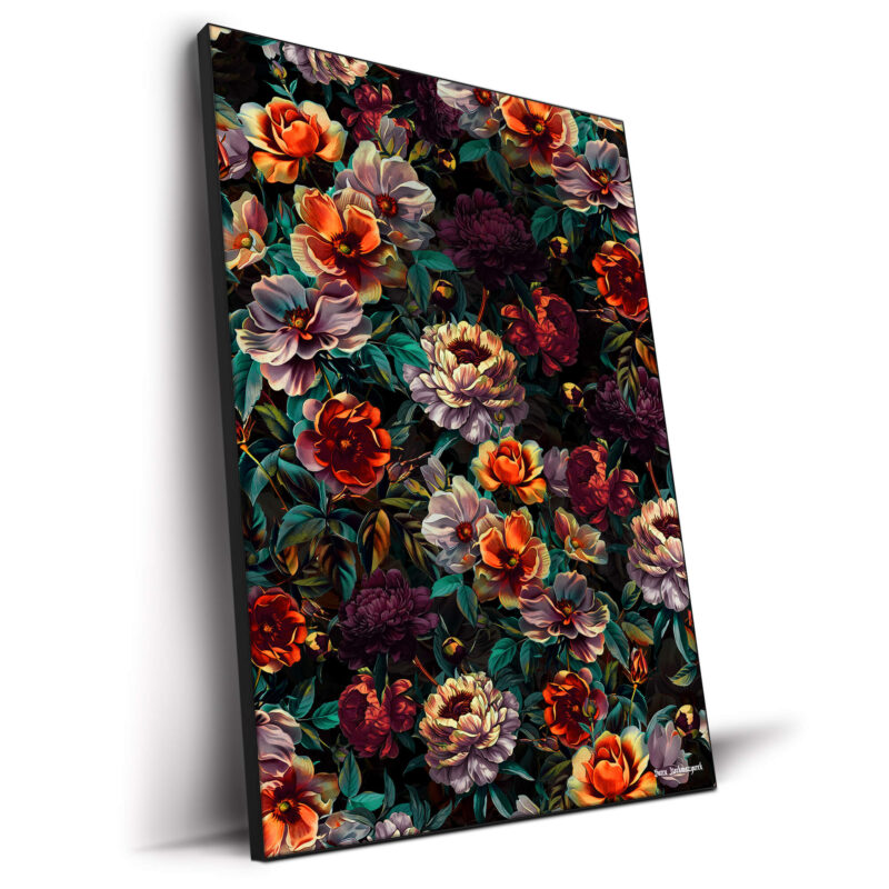 Moody floral artwork featuring rich orange, burgundy, and cream-colored blooms intertwined with deep green foliage against a dark background.