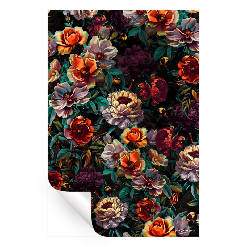 Moody floral artwork featuring rich orange, burgundy, and cream-colored blooms intertwined with deep green foliage against a dark background.