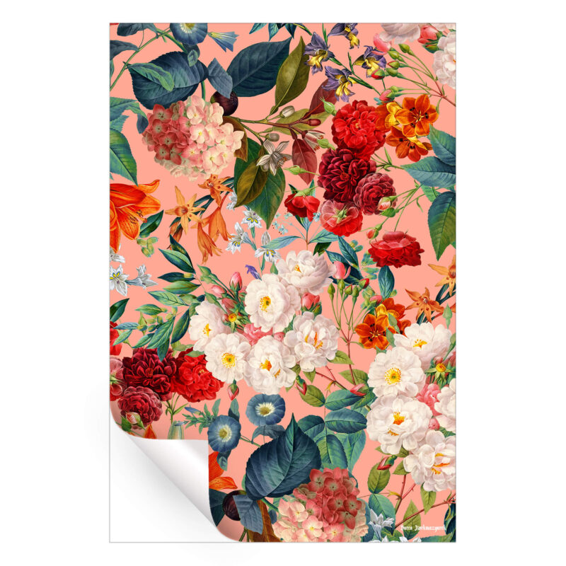 Vibrant botanical artwork featuring an array of colorful flowers, including red, white, and orange blooms, intertwined with lush green leaves against a warm peach background.