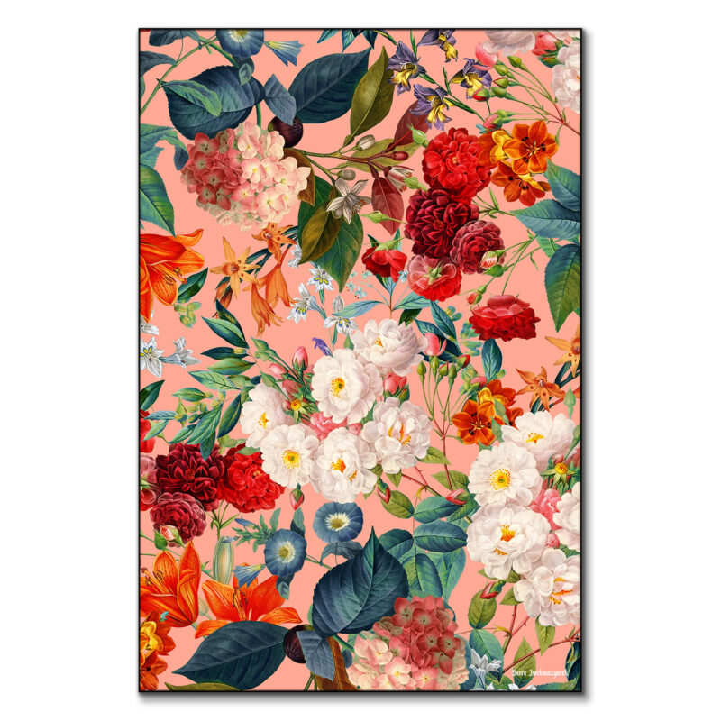 Vibrant botanical artwork featuring an array of colorful flowers, including red, white, and orange blooms, intertwined with lush green leaves against a warm peach background.