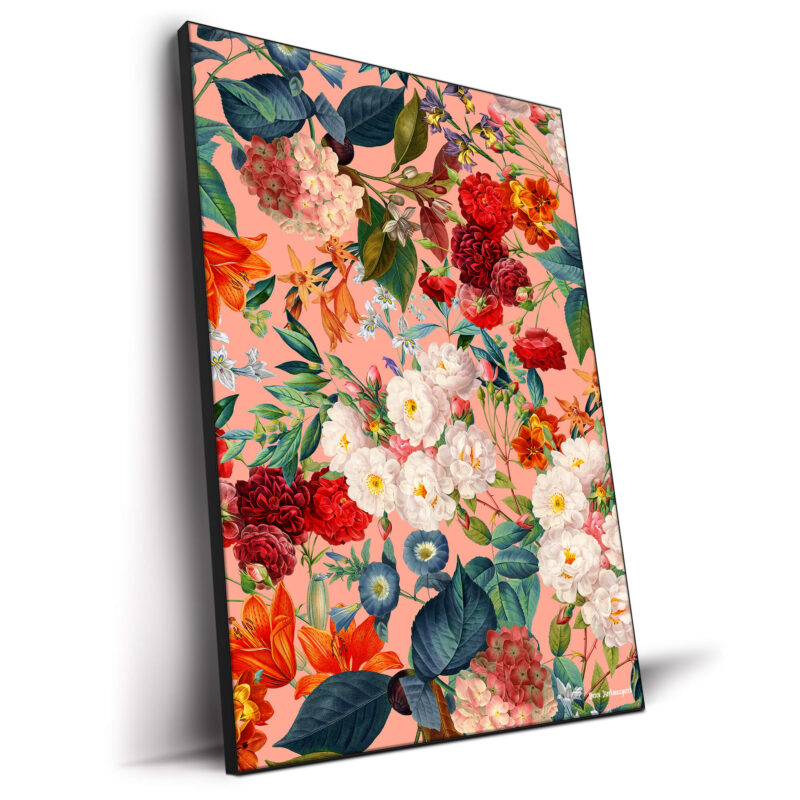 Vibrant botanical artwork featuring an array of colorful flowers, including red, white, and orange blooms, intertwined with lush green leaves against a warm peach background.