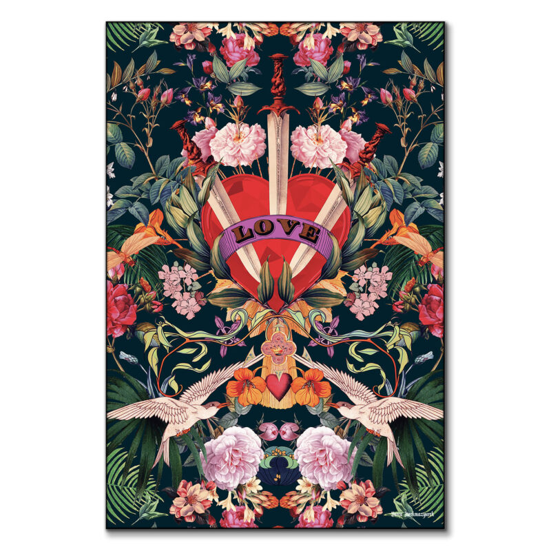 Surreal artwork featuring a radiant red heart pierced by swords, surrounded by intricate floral details, birds, and lush botanical elements against a dark background.
