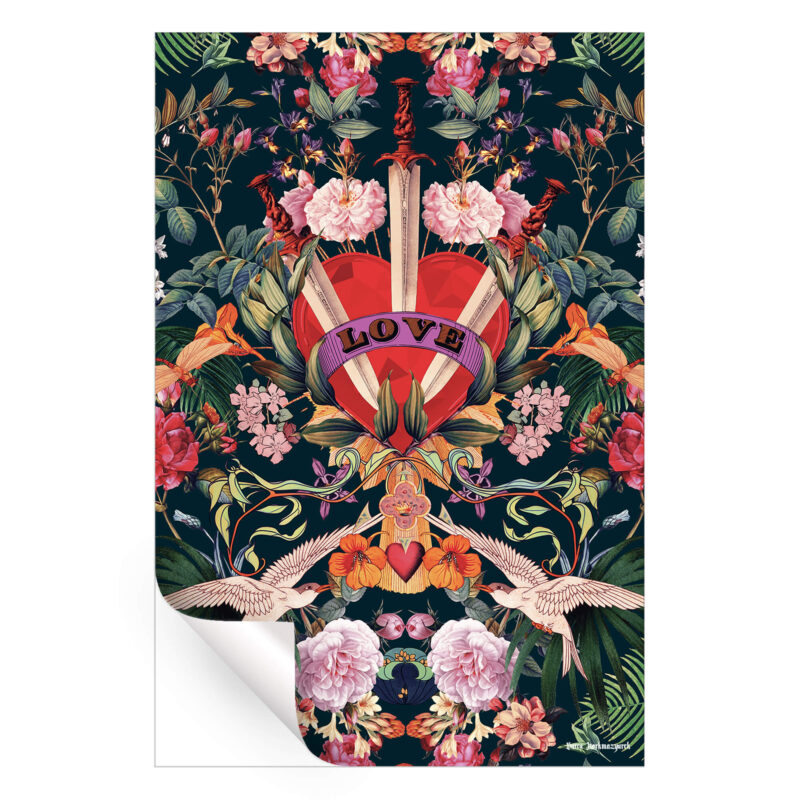 Surreal artwork featuring a radiant red heart pierced by swords, surrounded by intricate floral details, birds, and lush botanical elements against a dark background.