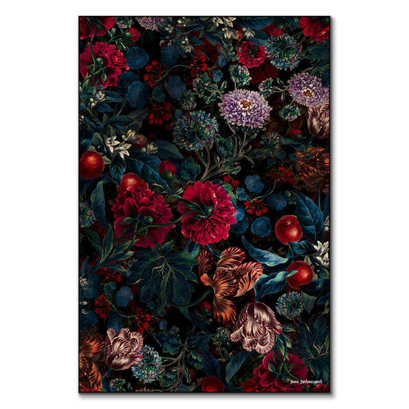Dark botanical artwork featuring deep red, blue, and purple florals intertwined with lush foliage against a black background.