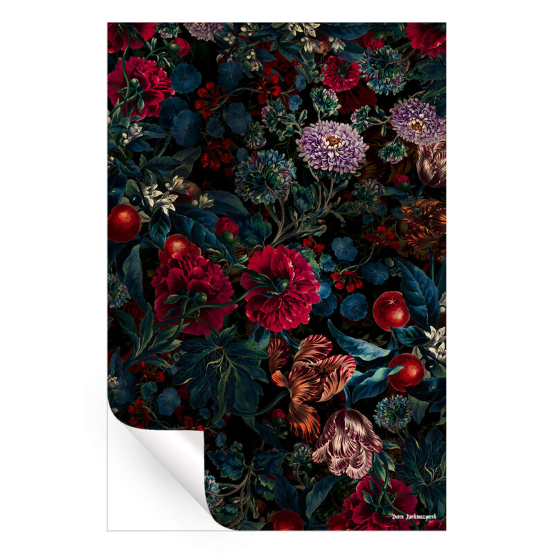 Dark botanical artwork featuring deep red, blue, and purple florals intertwined with lush foliage against a black background.