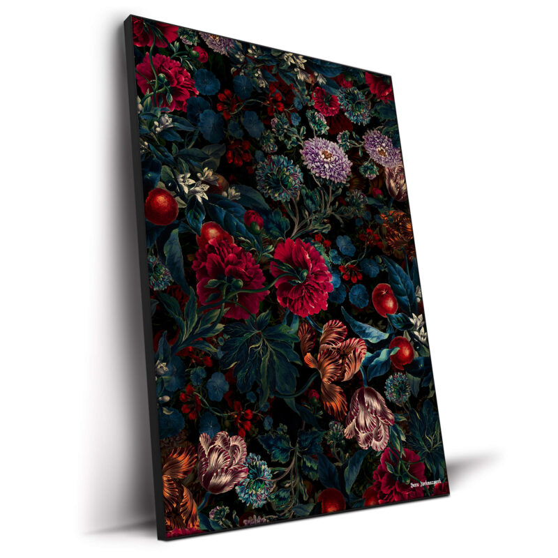 Dark botanical artwork featuring deep red, blue, and purple florals intertwined with lush foliage against a black background.