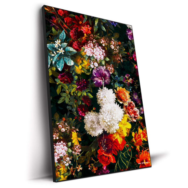 Vibrant floral artwork featuring an explosion of colorful flowers, including red, white, yellow, and purple blooms, set against a dark background.