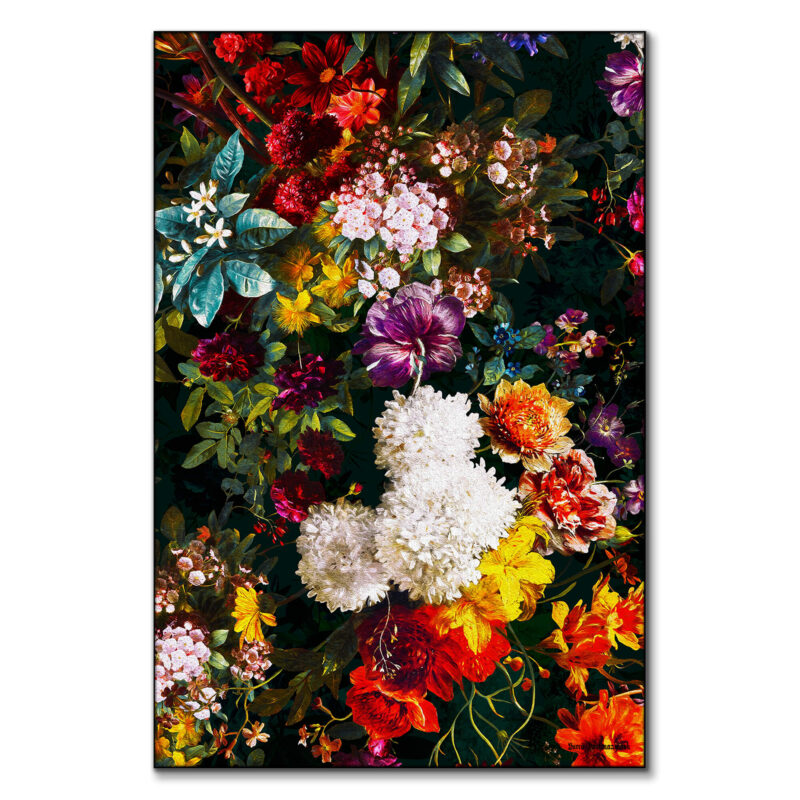 Vibrant floral artwork featuring an explosion of colorful flowers, including red, white, yellow, and purple blooms, set against a dark background.