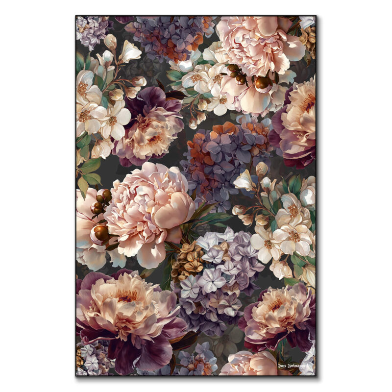 Elegant floral artwork featuring lush peonies, hydrangeas, and delicate blossoms in soft neutral tones against a dark background.