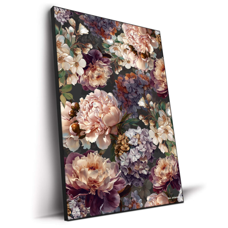 Elegant floral artwork featuring lush peonies, hydrangeas, and delicate blossoms in soft neutral tones against a dark background.