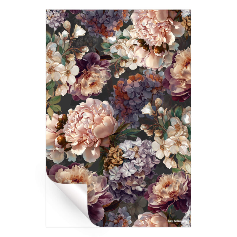 Elegant floral artwork featuring lush peonies, hydrangeas, and delicate blossoms in soft neutral tones against a dark background.