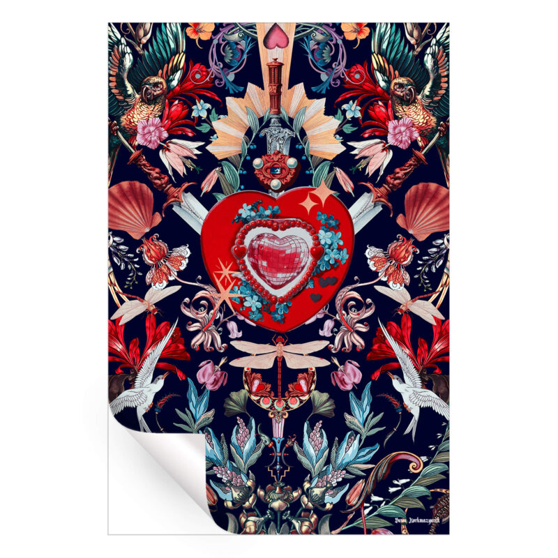 Surreal artwork featuring a jeweled red heart with swords, intricate floral details, exotic birds, and fantasy-inspired elements against a dark background.