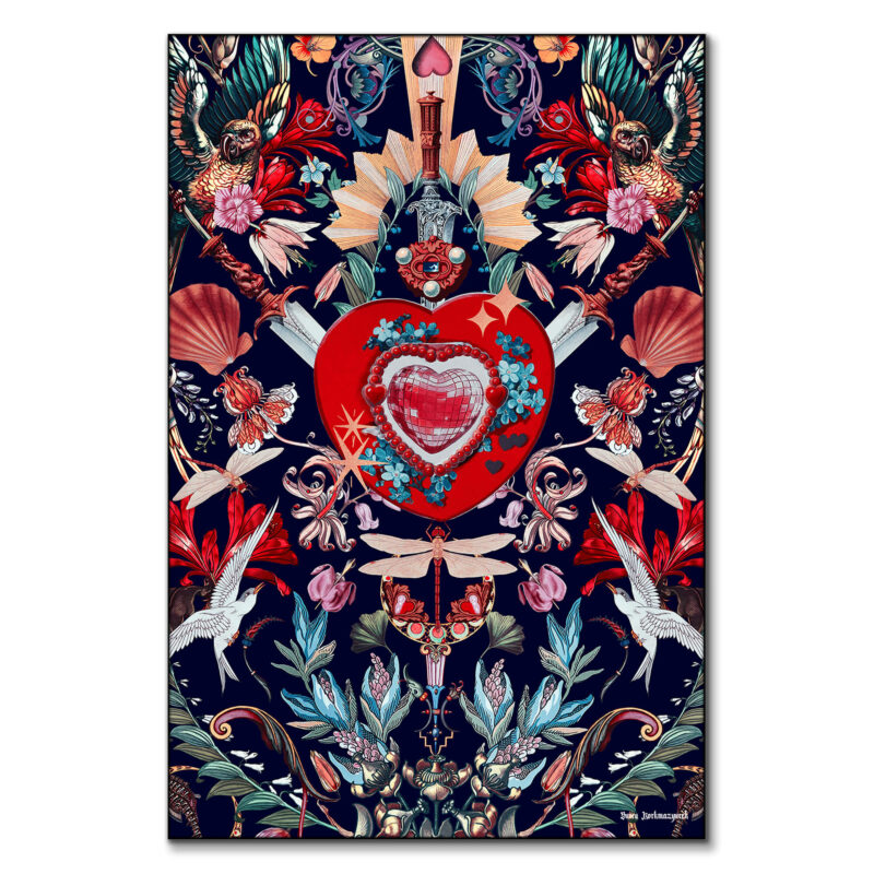 Surreal artwork featuring a jeweled red heart with swords, intricate floral details, exotic birds, and fantasy-inspired elements against a dark background.