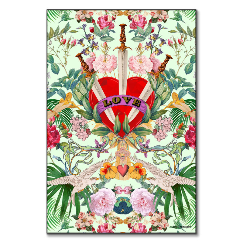 Surreal artwork featuring a jeweled red heart with swords, floral elements, and intricate details on a light green background.