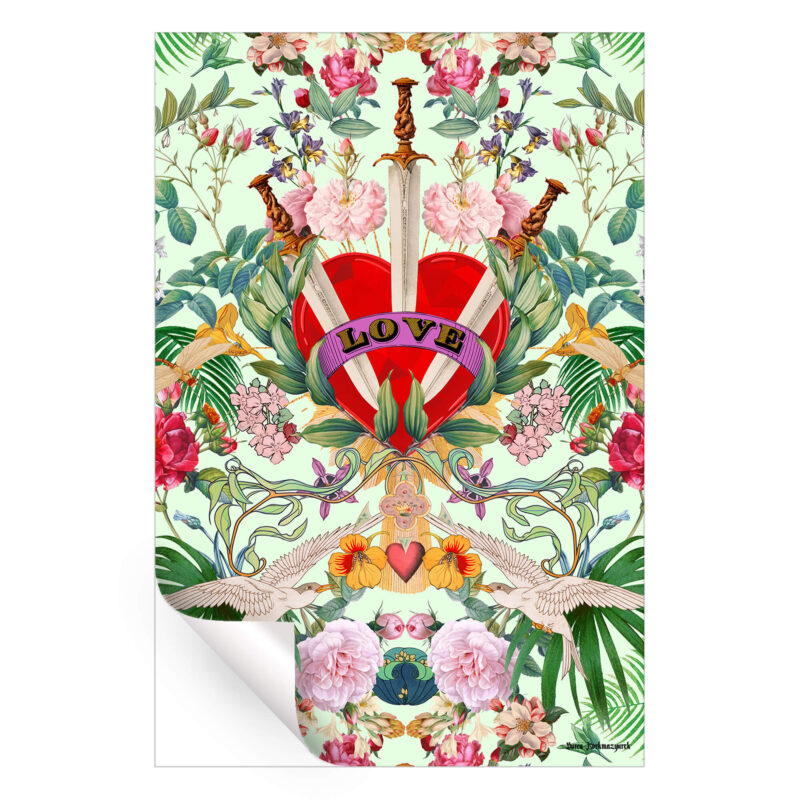 Surreal artwork featuring a jeweled red heart with swords, floral elements, and intricate details on a light green background.