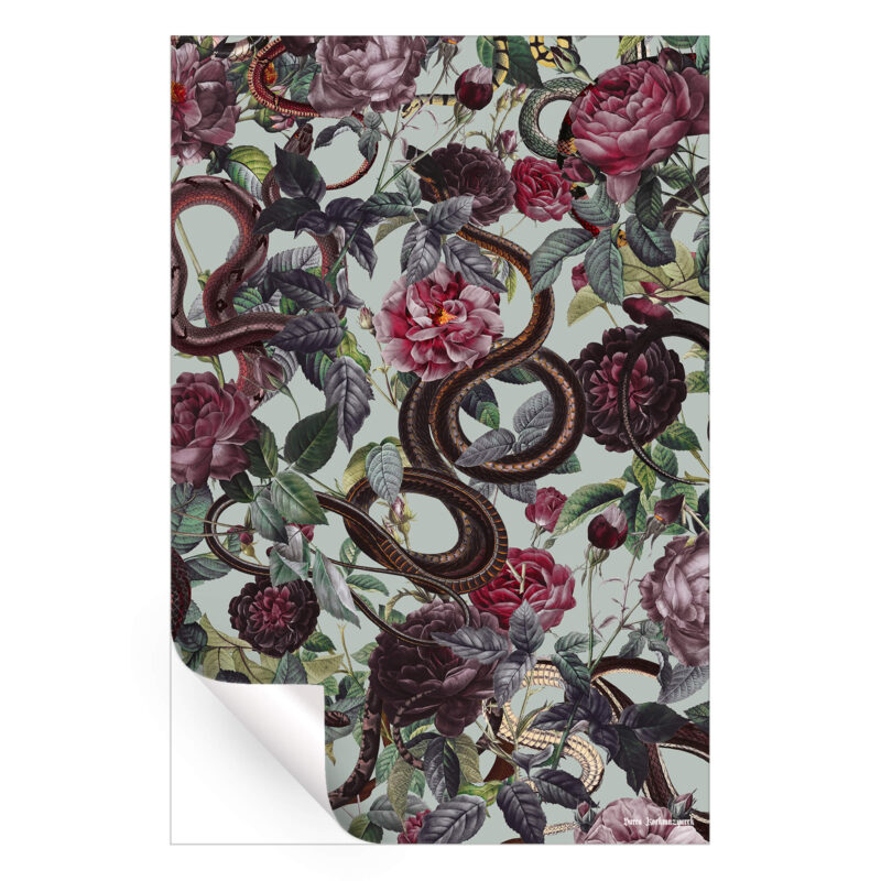 Dark botanical artwork featuring intertwined snakes, deep red roses, and lush green foliage against a muted background.