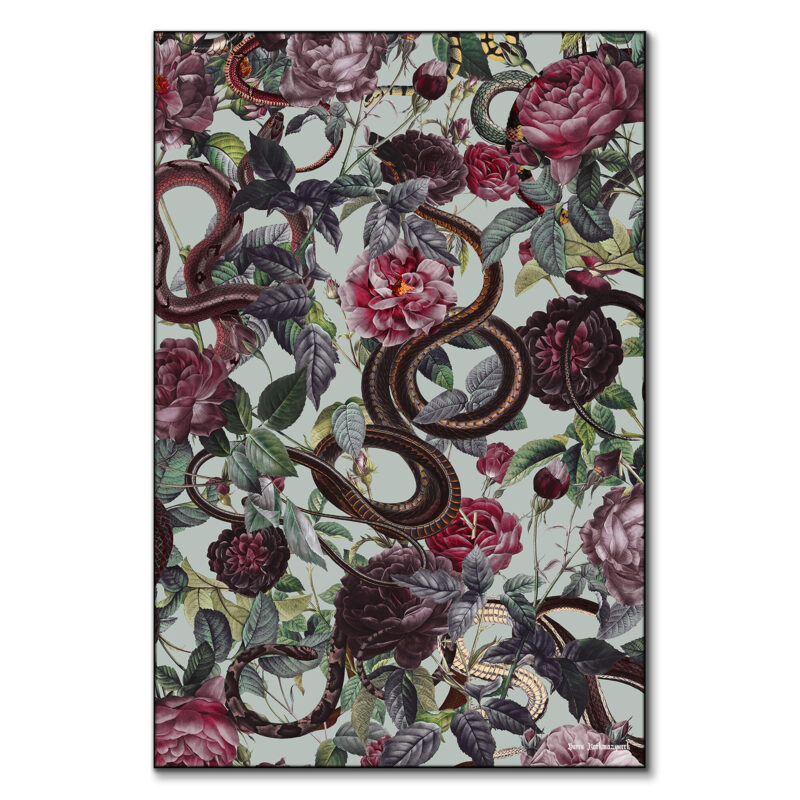 Dark botanical artwork featuring intertwined snakes, deep red roses, and lush green foliage against a muted background.