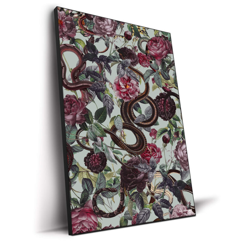 Dark botanical artwork featuring intertwined snakes, deep red roses, and lush green foliage against a muted background.