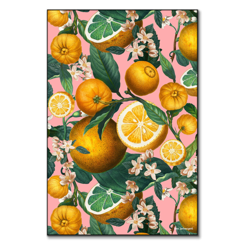 Vibrant botanical artwork featuring ripe oranges, sliced citrus, green leaves, and delicate blossoms against a soft pink background.