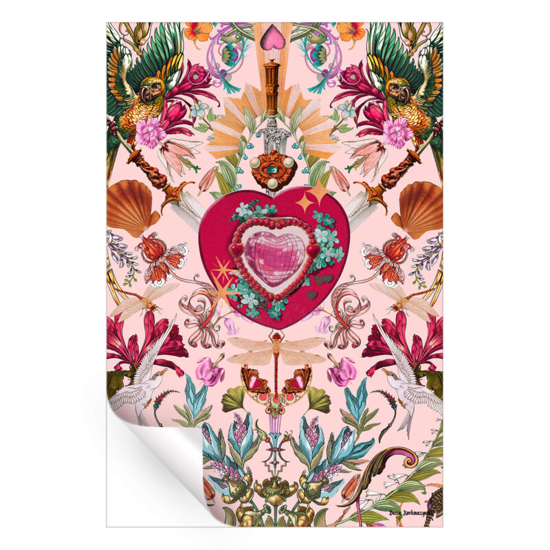 Intricate surreal artwork featuring a jeweled heart, swords, exotic birds, floral elements, and fantasy-inspired details on a soft pink background.