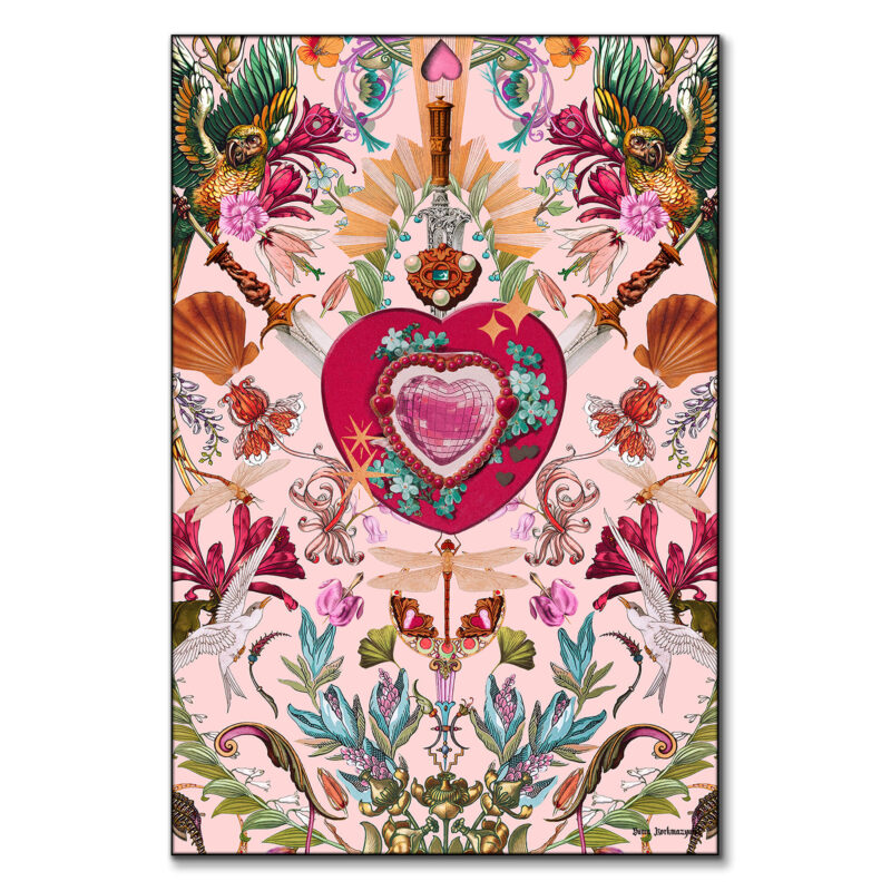 Intricate surreal artwork featuring a jeweled heart, swords, exotic birds, floral elements, and fantasy-inspired details on a soft pink background.