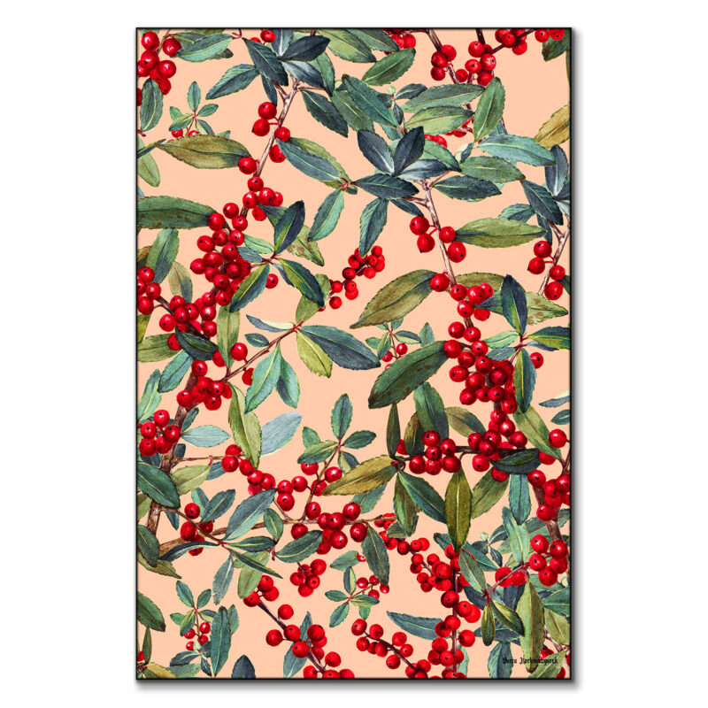Botanical artwork featuring vibrant red holly berries and lush green leaves intertwined against a soft peach background.