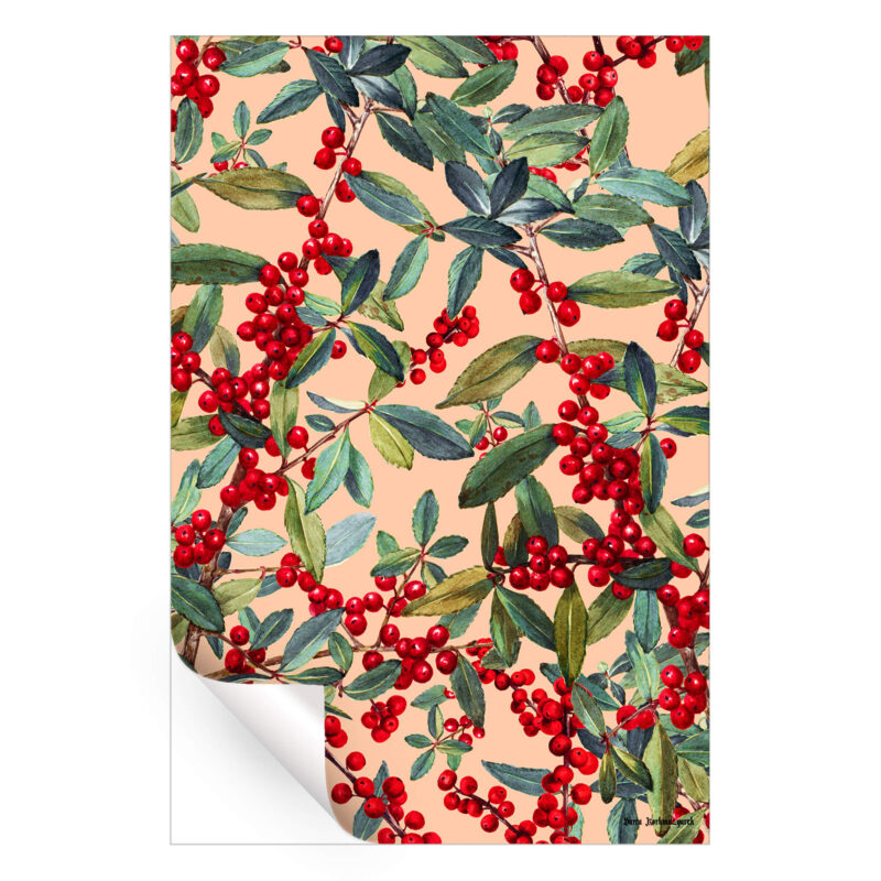 Botanical artwork featuring vibrant red holly berries and lush green leaves intertwined against a soft peach background.