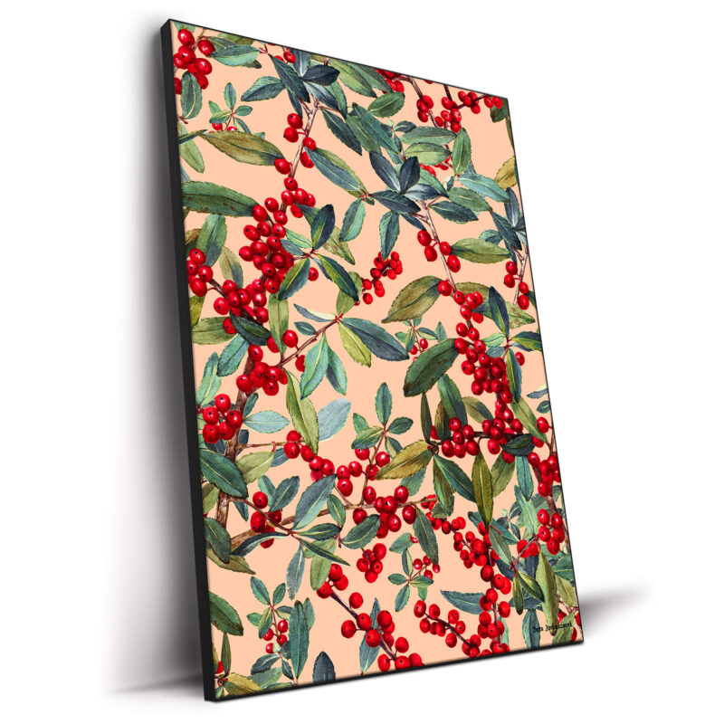 Botanical artwork featuring vibrant red holly berries and lush green leaves intertwined against a soft peach background.