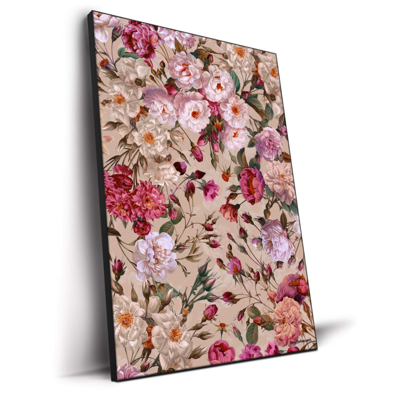 Vintage-inspired floral artwork featuring lush roses, delicate blossoms, and green foliage against a warm beige background.