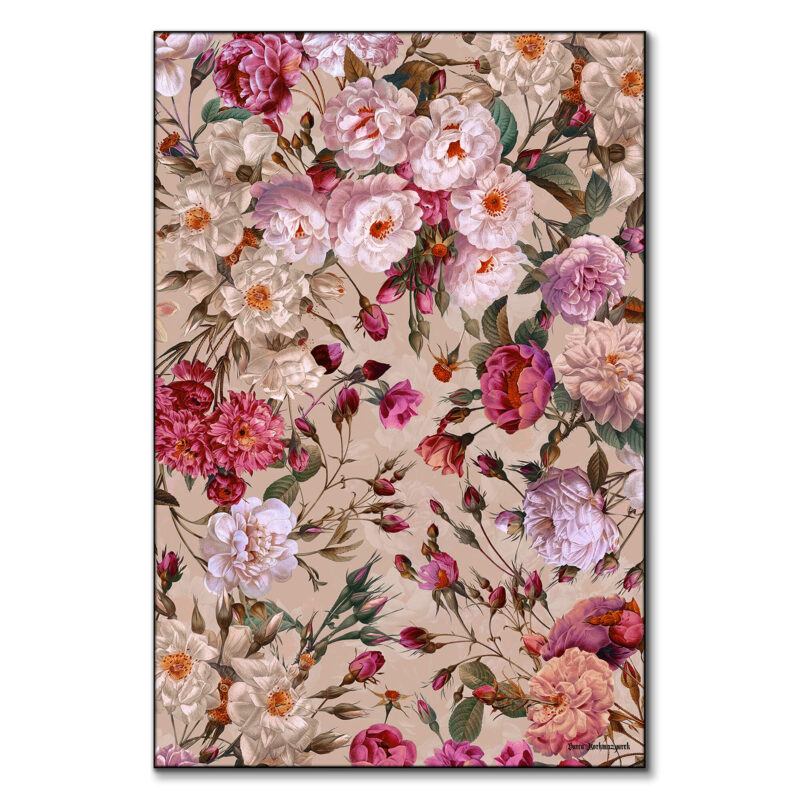Vintage-inspired floral artwork featuring lush roses, delicate blossoms, and green foliage against a warm beige background.