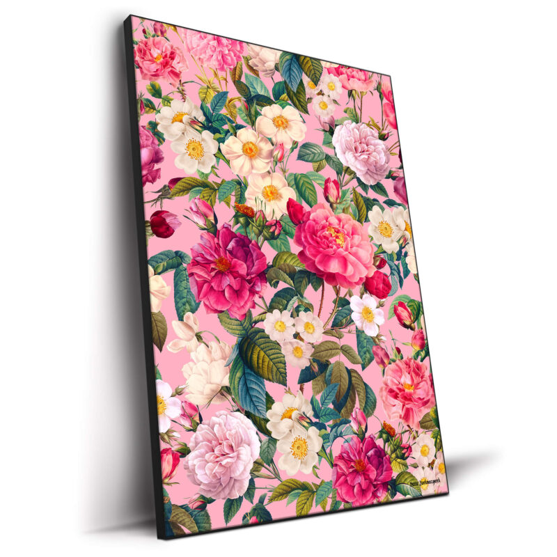 Vintage-inspired floral artwork featuring blooming roses, delicate white flowers, and lush green leaves against a soft pink background.