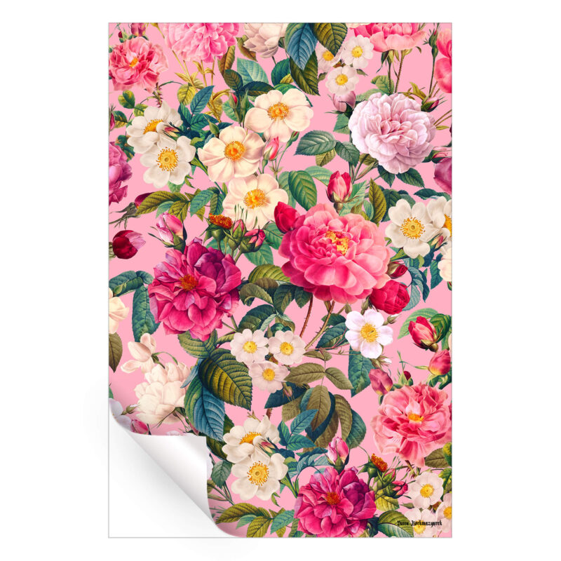 Vintage-inspired floral artwork featuring blooming roses, delicate white flowers, and lush green leaves against a soft pink background.