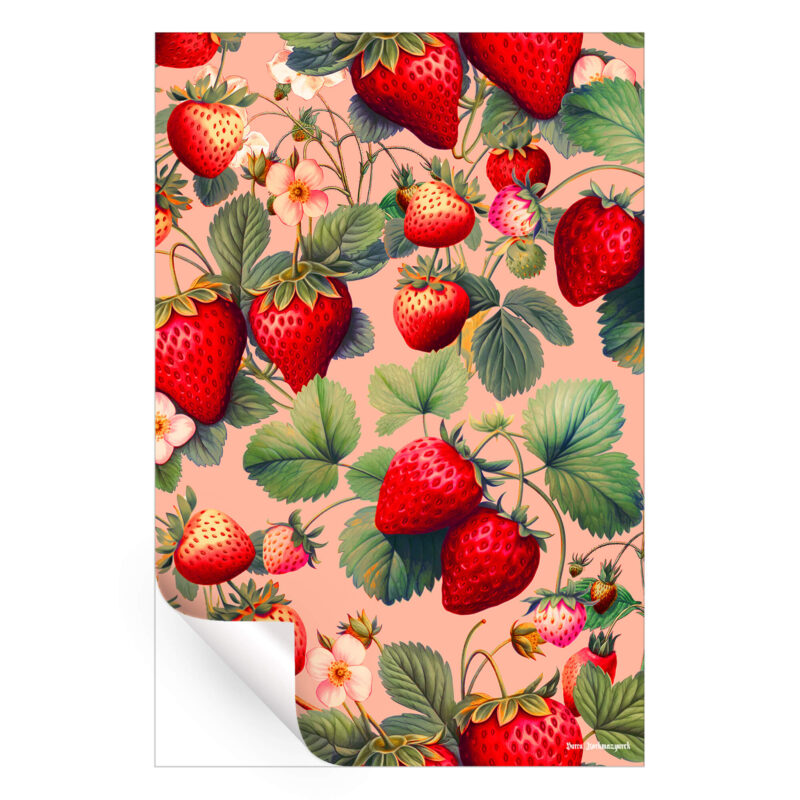 Vibrant botanical artwork featuring ripe red strawberries, green leaves, and delicate strawberry blossoms against a soft pink background.